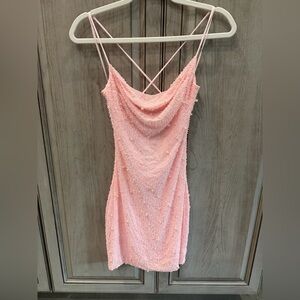 The Vintage Shop Formal Dress Pink Beaded Cowl Neck Mini Dress Small